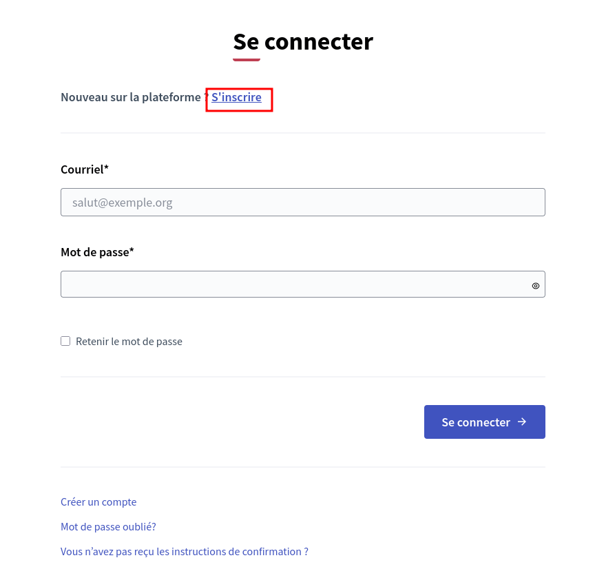 Sur la page d'authentification, cliquez sur le lien "s'inscrire"
